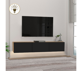 Έπιπλο τηλεόρασης επιτοίχιο Damla με LED χρώμα sapphire oak - μαύρο 180x29,5x29,5εκ.