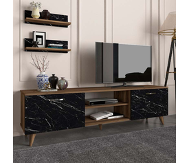 Έπιπλο τηλεόρασης Geacles χρώμα καρυδί - μαύρο εφέ μαρμάρου 180x40x50εκ.