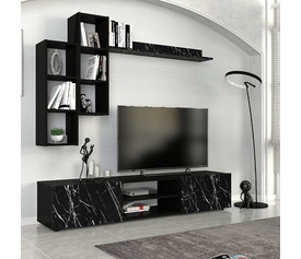 Σύνθεση τηλεόρασης Duana χρώμα μαύρο εφέ μαρμάρου - μαύρο 180x38x35,7εκ.
