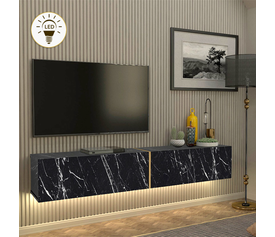 Έπιπλο τηλεόρασης επιτοίχιο Figure με LED χρώμα μαύρο εφέ μαρμάρου 181,8x31,7x30εκ.