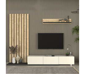 Σύνθεση τηλεόρασης Nagini χρώμα ivory - sapphire oak - ανθρακί 260x39,4x203,6εκ.