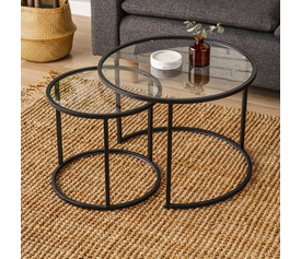 Τραπεζάκι σαλονιού σετ 2 τμχ Vetro μέταλλο - γυαλί χρώμα μαύρο Ø60x43εκ.