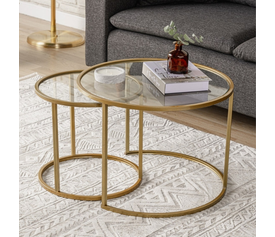 Τραπεζάκι σαλονιού σετ 2 τμχ Vetro μέταλλο - γυαλί χρώμα χρυσό Ø60x43εκ.