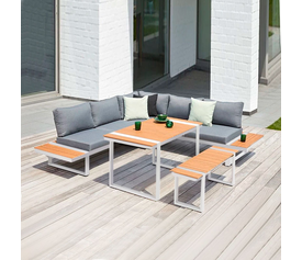 Σαλόνι κήπου γωνιακό Artemis σετ 4 τμχ μέταλλο - ξύλο χρώμα λευκό - καρυδί