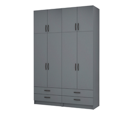 Ντουλάπα ρούχων Ricardo τετράφυλλη με πατάρι και συρτάρια χρώμα ανθρακί 160x51,8x240εκ.