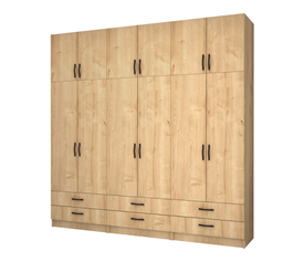 Ντουλάπα ρούχων Ricardo εξάφυλλη με πατάρι και συρτάρια χρώμα φυσικό οξιάς 240x51,8x240εκ.