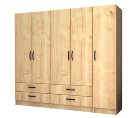 Ντουλάπα ρούχων Ricardo πεντάφυλλη με συρτάρια χρώμα φυσικό οξιάς 200x51,8x181εκ.