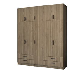 Ντουλάπα ρούχων Ricardo πεντάφυλλη με πατάρι και συρτάρια χρώμα καρυδί 200x51,8x240εκ.