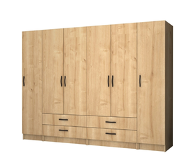 Ντουλάπα ρούχων Ricardo εξάφυλλη με συρτάρια χρώμα φυσικό οξιάς 240x51,8x181εκ.