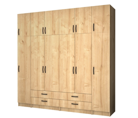 Ντουλάπα ρούχων Ricardo εξάφυλλη με πατάρι και συρτάρια χρώμα φυσικό οξιάς 240x51,8x240εκ.