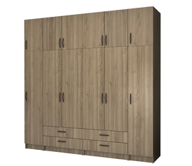 Ντουλάπα ρούχων Ricardo εξάφυλλη με πατάρι και συρτάρια χρώμα καρυδί 240x51,8x240εκ.