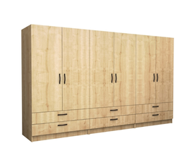 Ντουλάπα ρούχων Victoria εξάφυλλη με συρτάρια χρώμα φυσικό οξιάς 300x60x181εκ.