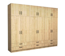 Ντουλάπα ρούχων Victoria εξάφυλλη με πατάρι και συρτάρια χρώμα φυσικό οξιάς 300x60x240εκ.