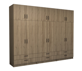 Ντουλάπα ρούχων Victoria εξάφυλλη με πατάρι και συρτάρια χρώμα καρυδί 300x60x240εκ.