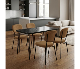 Σετ τραπεζαρία 5τμχ Roger - Kevin Mdf - ύφασμα χρώμα μαύρο εφέ μαρμάρου - μουσταρδί 120x70x75εκ.