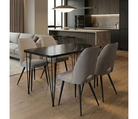 Σετ τραπεζαρία 5τμχ Roger - Christy Mdf - ύφασμα χρώμα μαύρο εφέ μαρμάρου - ανοιχτό μπεζ 120x70x75εκ.