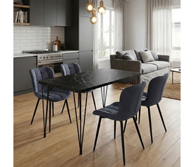 Σετ τραπεζαρία 5τμχ Roger - Chiara Mdf - ύφασμα χρώμα μαύρο εφέ μαρμάρου - ανθρακί 120x70x75εκ.