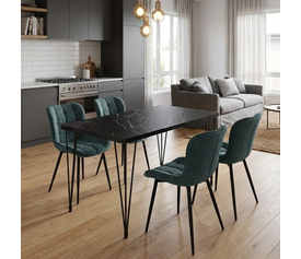 Σετ τραπεζαρία 5τμχ Roger - Chiara Mdf - ύφασμα χρώμα μαύρο εφέ μαρμάρου - πράσινο 120x70x75εκ.