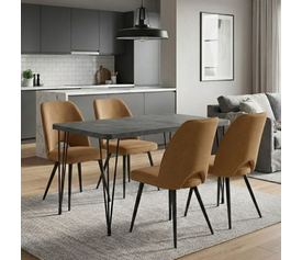 Σετ τραπεζαρία 5τμχ Roger - Christy Mdf - ύφασμα χρώμα σκούρο γκρι σκυροδέματος - μουσταρδί 120x70x75εκ.