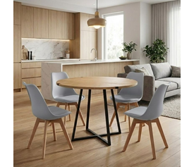 Σετ τραπεζαρία 5τμχ Rubes - Viva χρώμα φυσικό οξιάς - γκρι Ø100x78εκ.