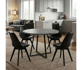 Σετ τραπεζαρία 5τμχ Rubes - Viva χρώμα γκρι σκυροδέματος - μαύρο Ø100x78εκ.