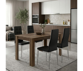 Σετ τραπεζαρία 5τμχ Darlen - Rosa χρώμα καρυδί - μαύρο/χρωμίου πόδι 125x72x74εκ.