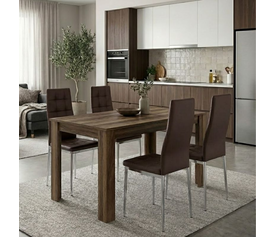 Σετ τραπεζαρία 5τμχ Darlen - Rosa χρώμα καρυδί - καφέ/χρωμίου πόδι 125x72x74εκ.