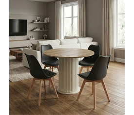 Σετ τραπεζαρία 5τμχ Bohema - Viva χρώμα ivory/sepet oak - μαύρο/φυσικό πόδι Ø90x77,7εκ.