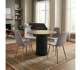 Σετ τραπεζαρία 5τμχ Bohema - Iris χρώμα μαύρο/sepet oak - ανοιχτό μπεζ/φυσικό πόδι Ø90x77,7εκ.