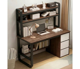 ΓΡΑΦΕΙΟ Η/Υ 3 Συρτάρια 3 Ράφια Μέταλλο Βαφή Μαύρο, MDF Απόχρωση Καρυδί