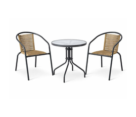 MIKA Set Κήπου - Βεράντας: Τραπέζι + 2 Πολυθρόνες Μέταλλο Βαφή Ανθρακί, PE Rattan Φυσικό