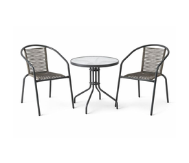 MIKA Set Κήπου - Βεράντας: Τραπέζι + 2 Πολυθρόνες Μέταλλο Βαφή Ανθρακί, PE Rattan Γκρι