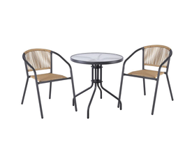 PATTY Set Κήπου - Βεράντας: Τραπέζι + 2 Πολυθρόνες Μέταλλο Βαφή Ανθρακί, PE Rattan Φυσικό