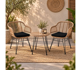 SALSA Set Κήπου: Τραπέζι + 2 Πολυθρόνες Μέταλλο Μαύρο, Wicker Φυσικό, Μαξιλάρι Μαύρο