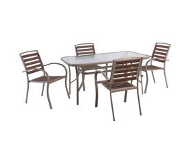 SERRANO-RIO Set Κήπου: Τραπέζι + 4 Πολυθρόνες, Μέταλλο Βαφή Beige, Polywood Καρυδί