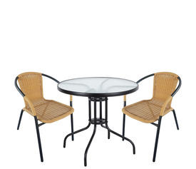 Σετ Τραπεζαρία Κήπου EARTH Μαύρο/Μπεζ Rattan/Γυαλί/Μέταλλο Με 2 Πολυθρόνες