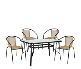 Σετ Τραπεζαρία Κήπου SUN Μαύρο/Φυσικό Rattan/Γυαλί/Μέταλλο Με 4 Πολυθρόνες