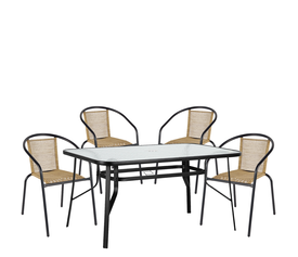 Σετ Τραπεζαρία Κήπου SUN Μαύρο/Φυσικό Rattan/Γυαλί/Μέταλλο Με 4 Πολυθρόνες