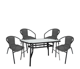 Σετ Τραπεζαρία Κήπου SUN Μαύρο/Γκρι Rattan/Γυαλί/Μέταλλο Με 4 Πολυθρόνες