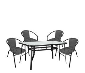 Σετ Τραπεζαρία Κήπου SUN Μαύρο/Γκρι Rattan/Γυαλί/Μέταλλο Με 4 Πολυθρόνες