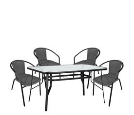 Σετ Τραπεζαρία Κήπου SUN Μαύρο/Γκρι Rattan/Γυαλί/Μέταλλο Με 4 Πολυθρόνες