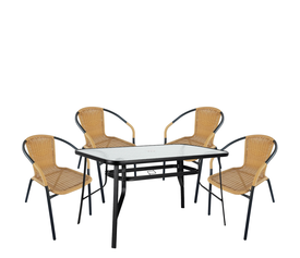Σετ Τραπεζαρία Κήπου SUN Μαύρο/Μπεζ Rattan/Γυαλί/Μέταλλο Με 4 Πολυθρόνες