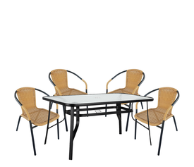 Σετ Τραπεζαρία Κήπου SUN Μαύρο/Μπεζ Rattan/Γυαλί/Μέταλλο Με 4 Πολυθρόνες