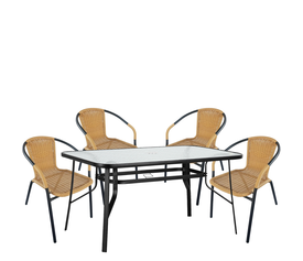 Σετ Τραπεζαρία Κήπου SUN Μαύρο/Μπεζ Rattan/Γυαλί/Μέταλλο Με 4 Πολυθρόνες