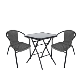 Σετ Τραπεζαρία Κήπου TAURUS Μαύρο/Γκρι Rattan/Γυαλί/Μέταλλο Με 2 Πολυθρόνες