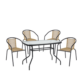 Σετ Τραπεζαρία Κήπου VULCAN Μαύρο/Φυσικό Rattan/Γυαλί/Μέταλλο Με 4 Πολυθρόνες