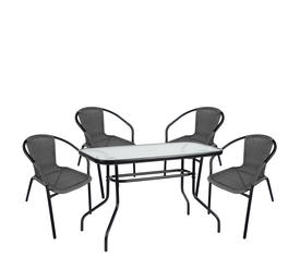 Σετ Τραπεζαρία Κήπου VULCAN Μαύρο/Γκρι Rattan/Γυαλί/Μέταλλο Με 4 Πολυθρόνες