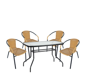 Σετ Τραπεζαρία Κήπου VULCAN Μαύρο/Μπεζ Rattan/Γυαλί/Μέταλλο Με 4 Πολυθρόνες