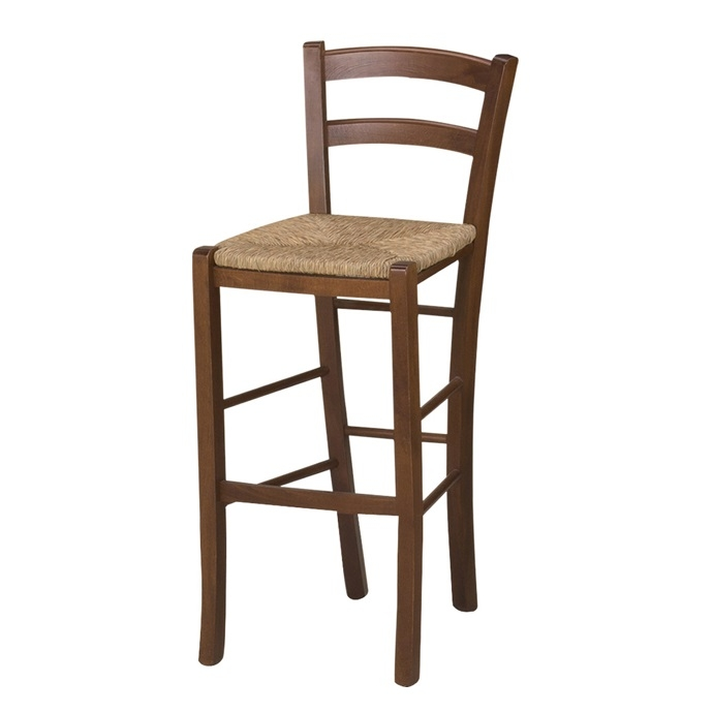 Σκαμπό μπαρ Venezia ξύλινο καρυδί με ψάθα