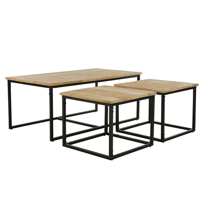 QUADRO COFFEE TABLE SET 3ΤΕΜ ΦΥΣΙΚΟ ROUGH ΜΑΥΡΟ 110x60x45